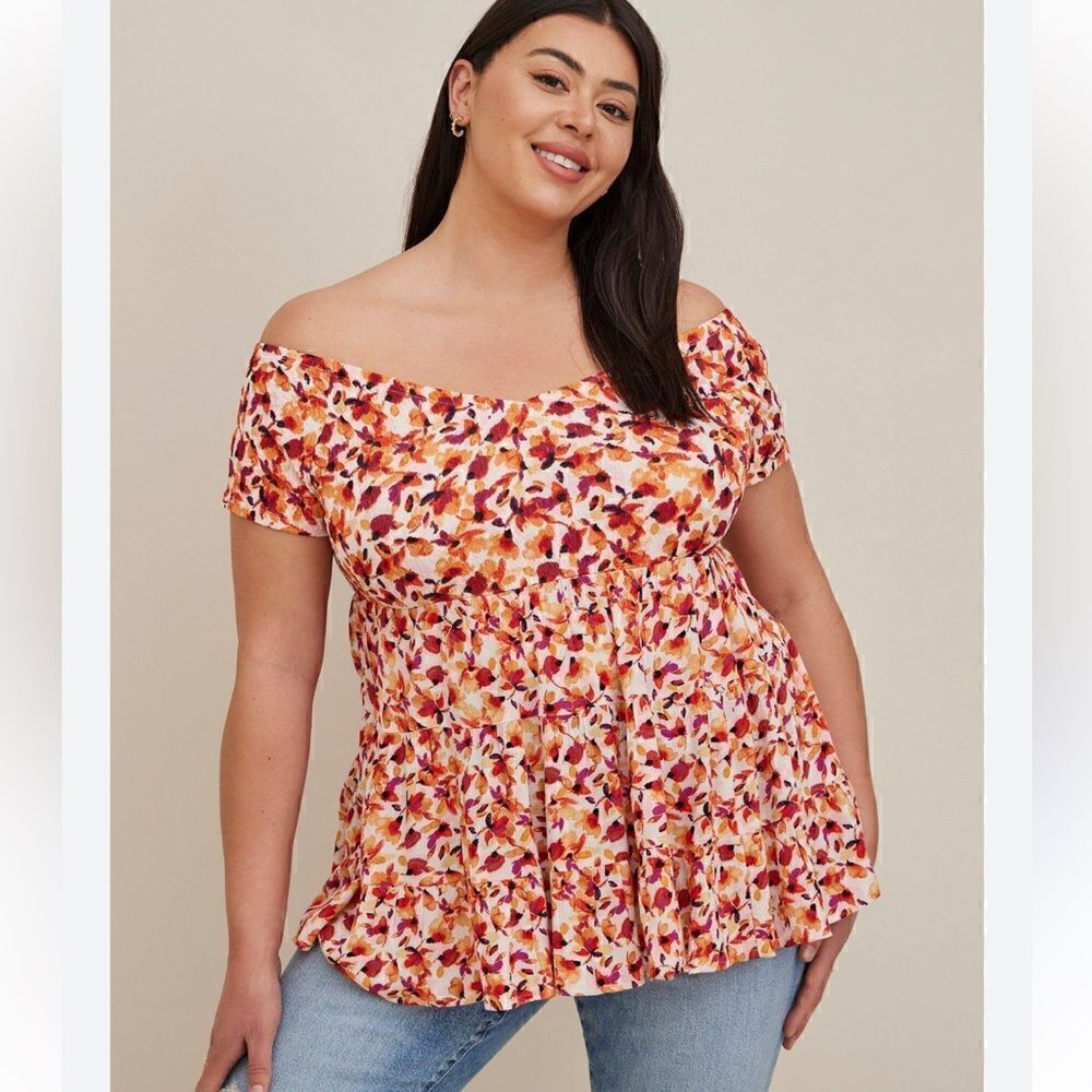 Fabric Mix Knit & Crinkle Gauze Off The Shoulder Smocked Bodice Top size 1 14 16